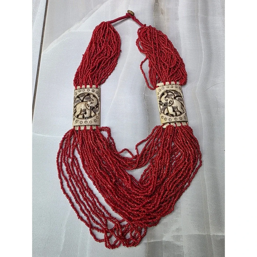 Vintage‎ Red Multi Strand Seed Bead Elephant Carved Statement Necklace Boho